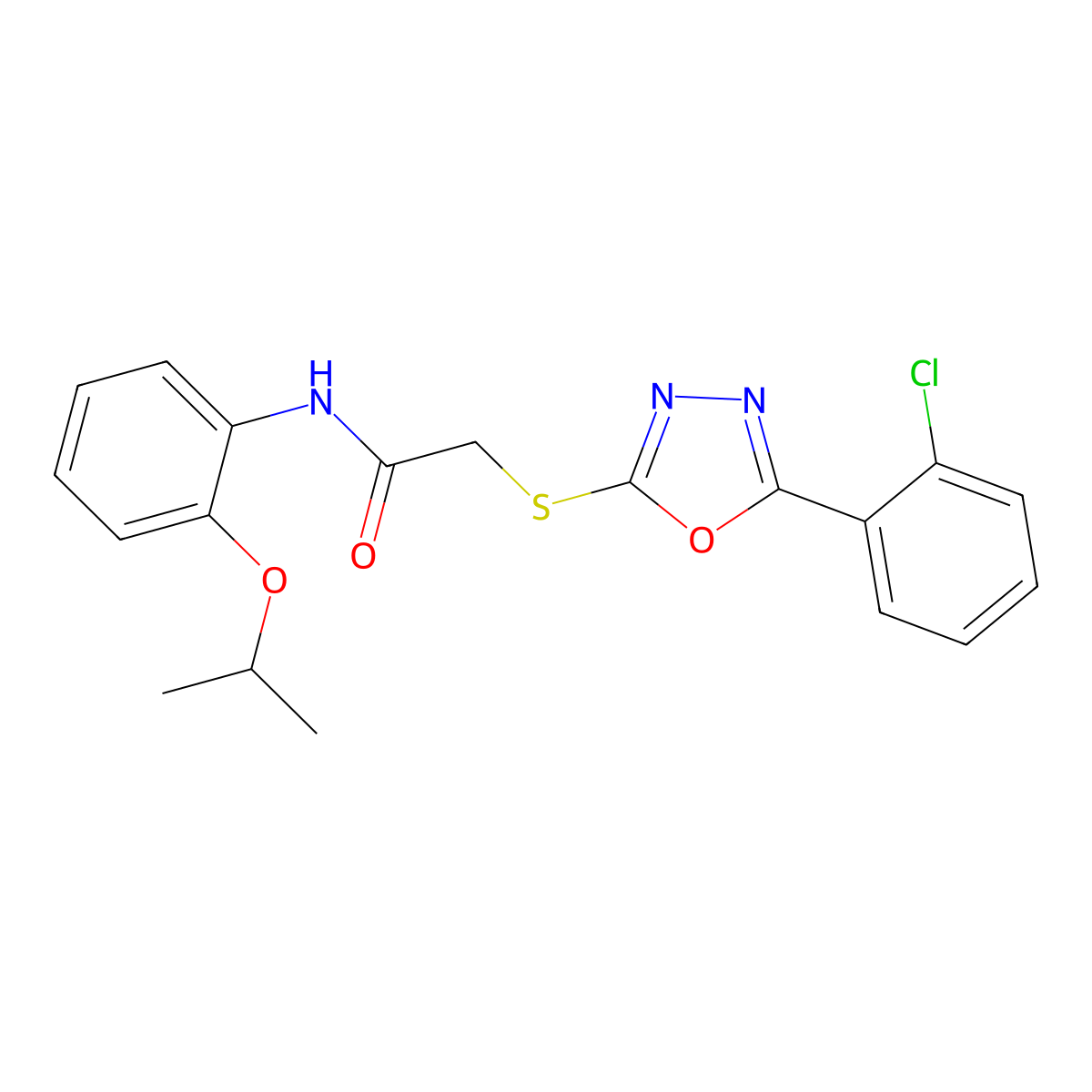 2-[[5-(2-chlorophenyl)-1,3,4-oxadiazol-2-yl]sulfanyl]-N-(2-propan-2-yloxyphenyl)acetamide molecular structure, CAS 497837-81-7