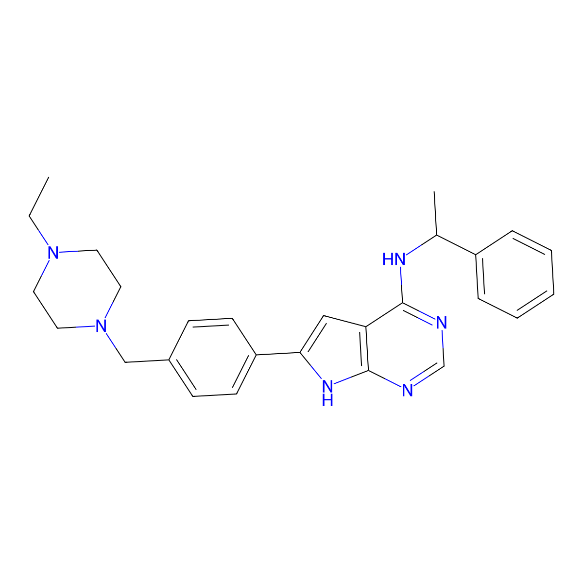 6-(4-((4-Ethyl-1-piperazinyl)methyl)phenyl)-N-((1R)-1-phenylethyl)-7H-pyrrolo(2,3-d)pyrimidin-4-amine molecular structure, CAS 497839-62-0