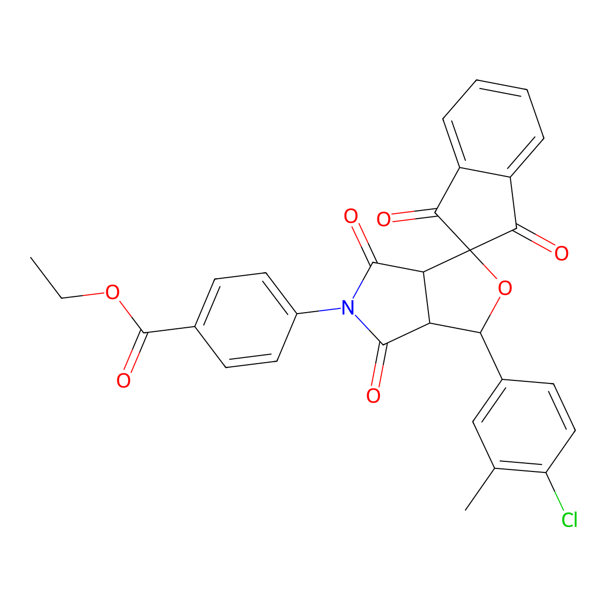 Ethyl 4-[4-(4-chloro-3-methylphenyl)-1,3,9,11-tetraoxospiro[2,4,5,6,3a,6a-hexa hydro-5-oxa-2-azapentalene-6,2'-2-hydrocyclopenta[1,2-a]benzene]-2-yl]benzoate molecular structure, CAS 497847-62-8