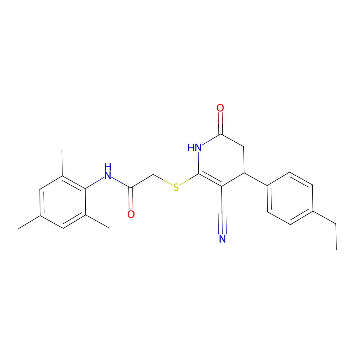 2-[[5-cyano-4-(4-ethylphenyl)-2-oxo-3,4-dihydro-1H-pyridin-6-yl]sulfanyl]-N-(2,4,6-trimethylphenyl)acetamide molecular structure, CAS 497864-34-3