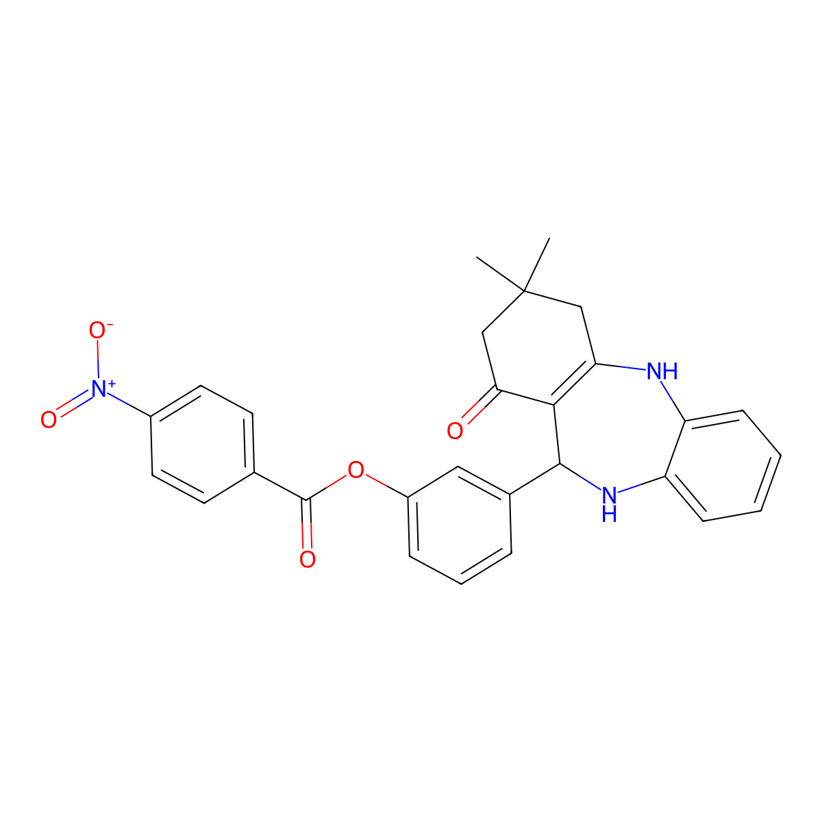 3-(3,3-dimethyl-1-oxo-2,3,4,5,10,11-hexahydro-1H-dibenzo[b,e][1,4]diazepin-11-yl)phenyl 4-nitrobenzoate molecular structure, CAS 497865-38-0