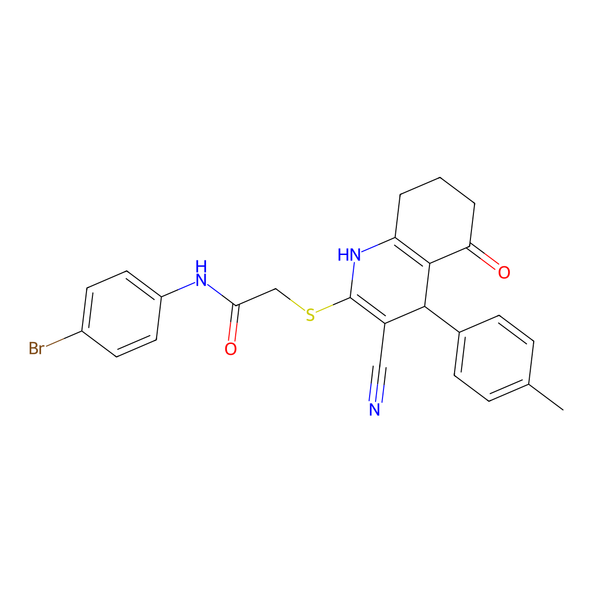 N-(4-bromophenyl)-2-[[3-cyano-4-(4-methylphenyl)-5-oxo-4,6,7,8-tetrahydro-1H-quinolin-2-yl]sulfanyl]acetamide molecular structure, CAS 497865-57-3