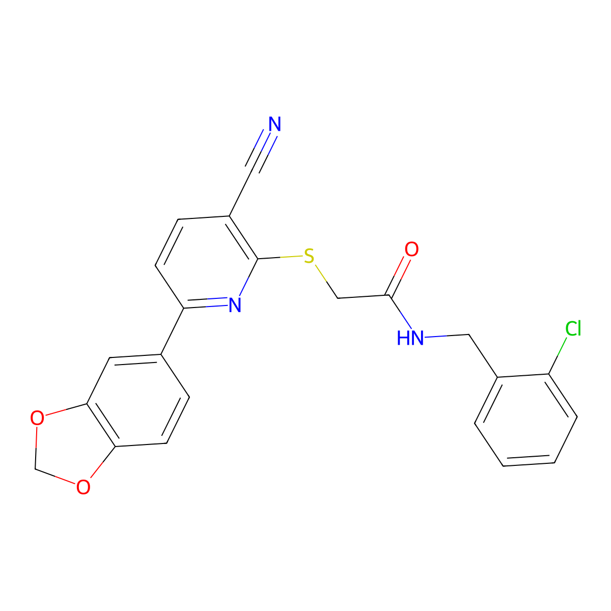 2-[6-(1,3-benzodioxol-5-yl)-3-cyanopyridin-2-yl]sulfanyl-N-[(2-chlorophenyl)methyl]acetamide molecular structure, CAS 497865-59-5