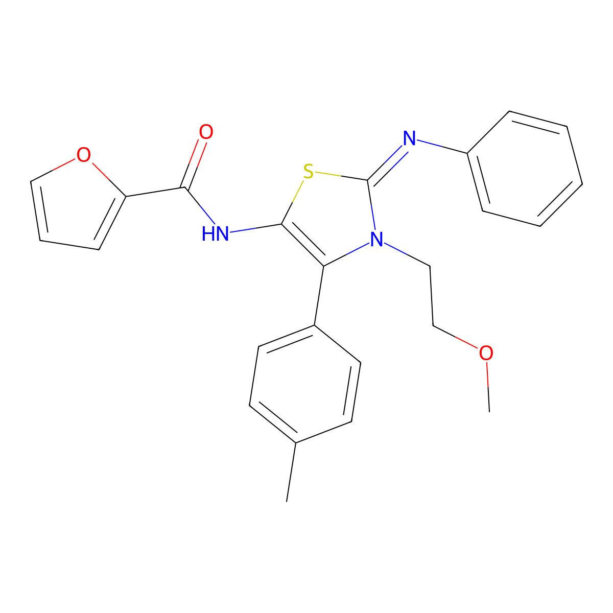 N-[(2Z)-3-(2-methoxyethyl)-4-(4-methylphenyl)-2-(phenylimino)-2,3-dihydro-1,3-thiazol-5-yl]furan-2-carboxamide molecular structure, CAS 497866-37-2