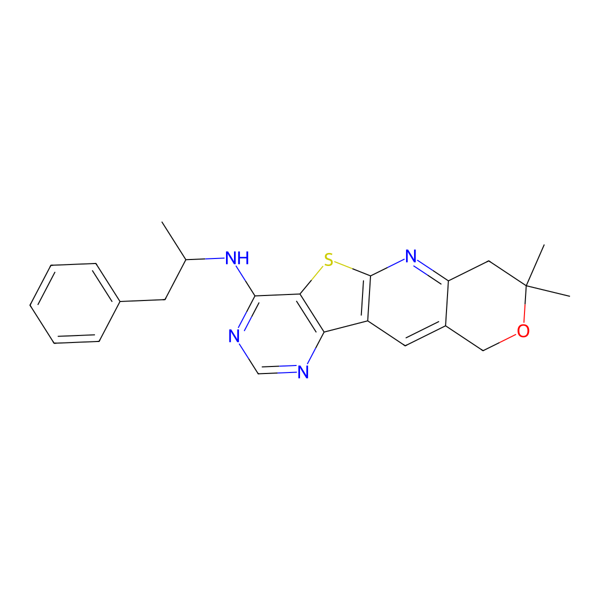 8,8-dimethyl-N-(1-methyl-2-phenylethyl)-7,10-dihydro-8H-pyrano[3'',4'':5',6']pyrido[3',2':4,5]thieno[3,2-d]pyrimidin-4-amine molecular structure, CAS 497867-65-9