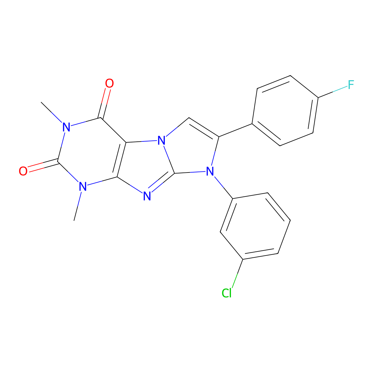 8-(3-chlorophenyl)-7-(4-fluorophenyl)-1,3-dimethyl-1H-imidazo[2,1-f]purine-2,4(3H,8H)-dione molecular structure, CAS 497867-71-7