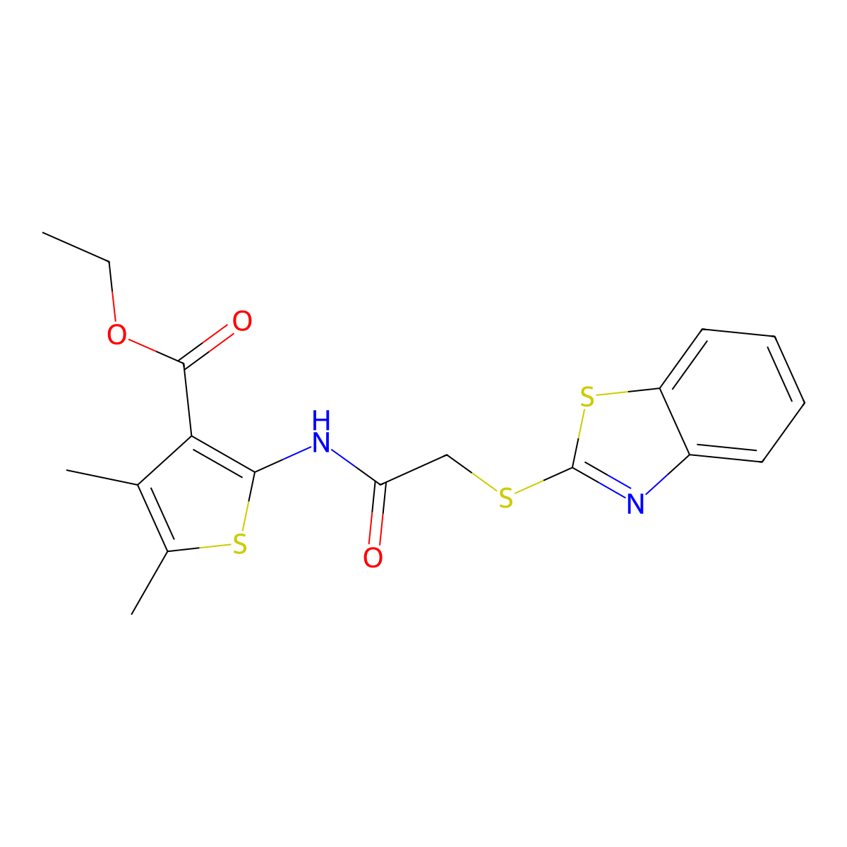 Ethyl 2-(2-(benzo[d]thiazol-2-ylthio)acetamido)-4,5-dimethylthiophene-3-carboxylate molecular structure, CAS 497867-94-4
