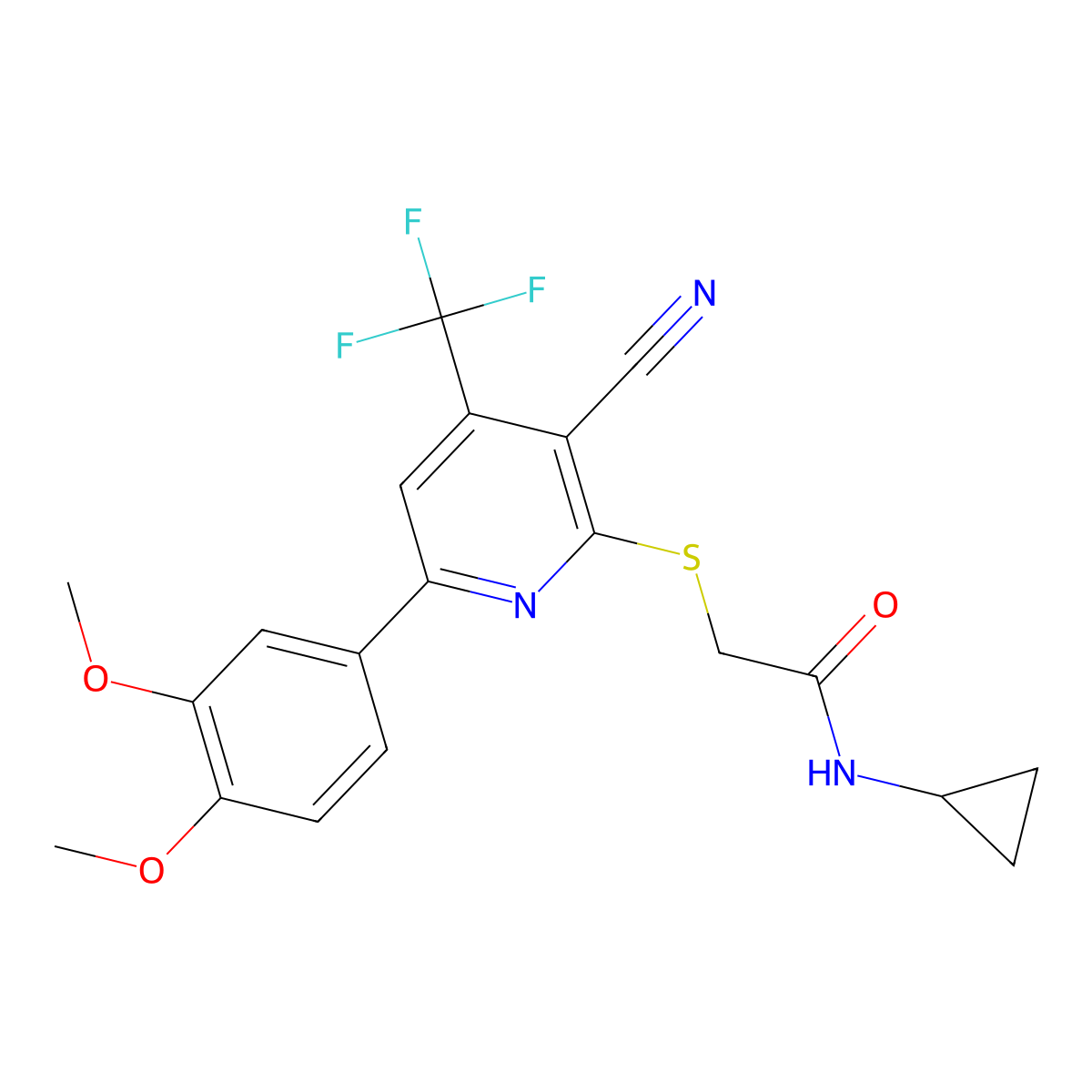 2-[3-cyano-6-(3,4-dimethoxyphenyl)-4-(trifluoromethyl)pyridin-2-yl]sulfanyl-N-cyclopropylacetamide molecular structure, CAS 497868-21-0