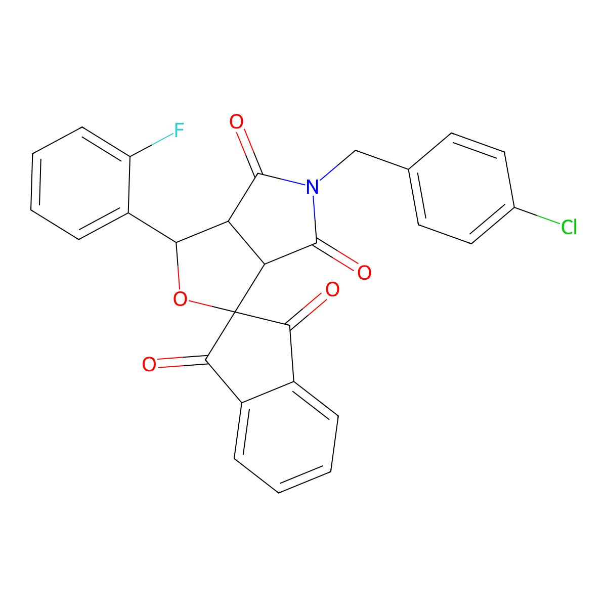 5-[(4-chlorophenyl)methyl]-1-(2-fluorophenyl)spiro[3a,6a-dihydro-1H-furo[3,4-c]pyrrole-3,2'-indene]-1',3',4,6-tetrone molecular structure, CAS 497917-19-8