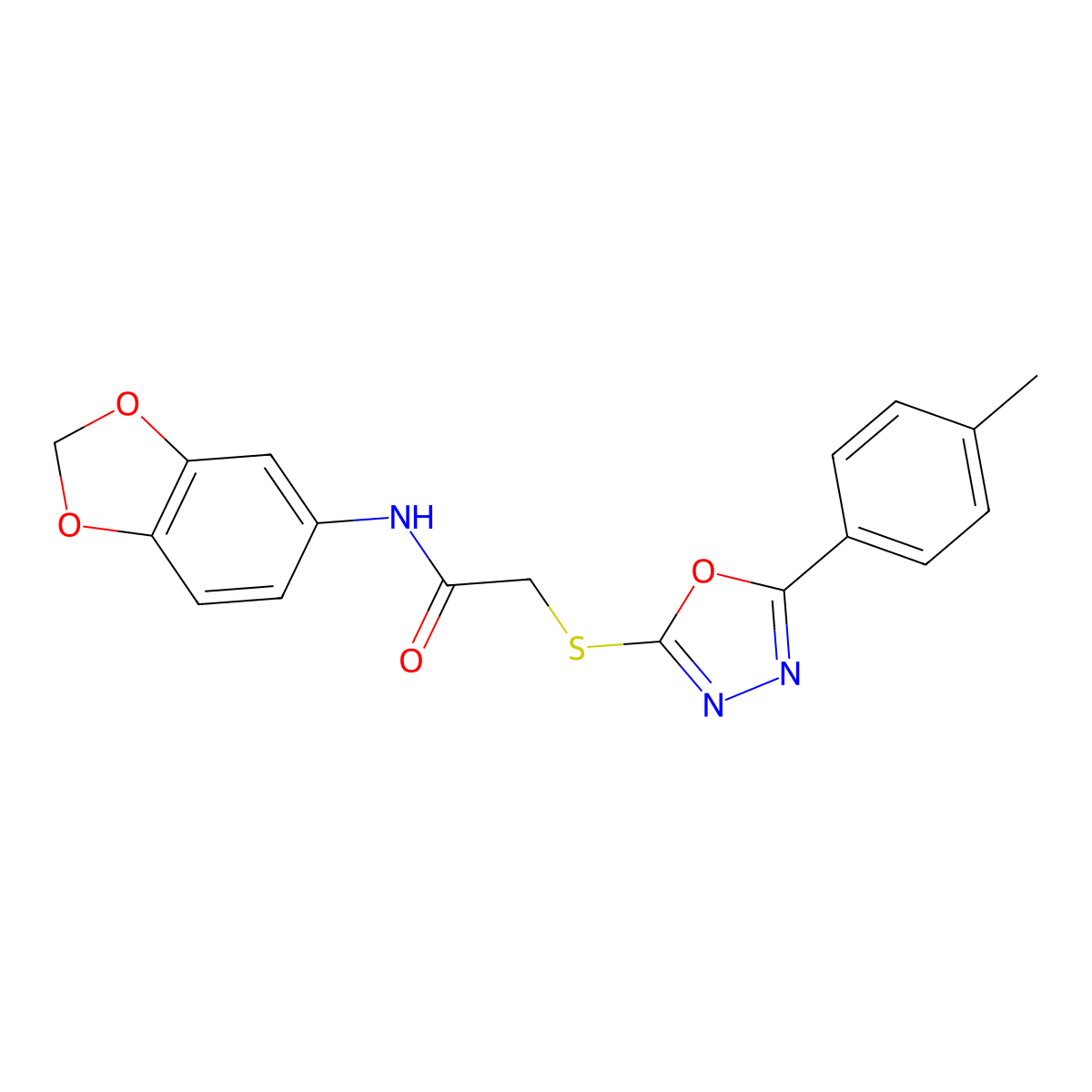 N-(1,3-benzodioxol-5-yl)-2-[[5-(4-methylphenyl)-1,3,4-oxadiazol-2-yl]sulfanyl]acetamide molecular structure, CAS 497927-00-1