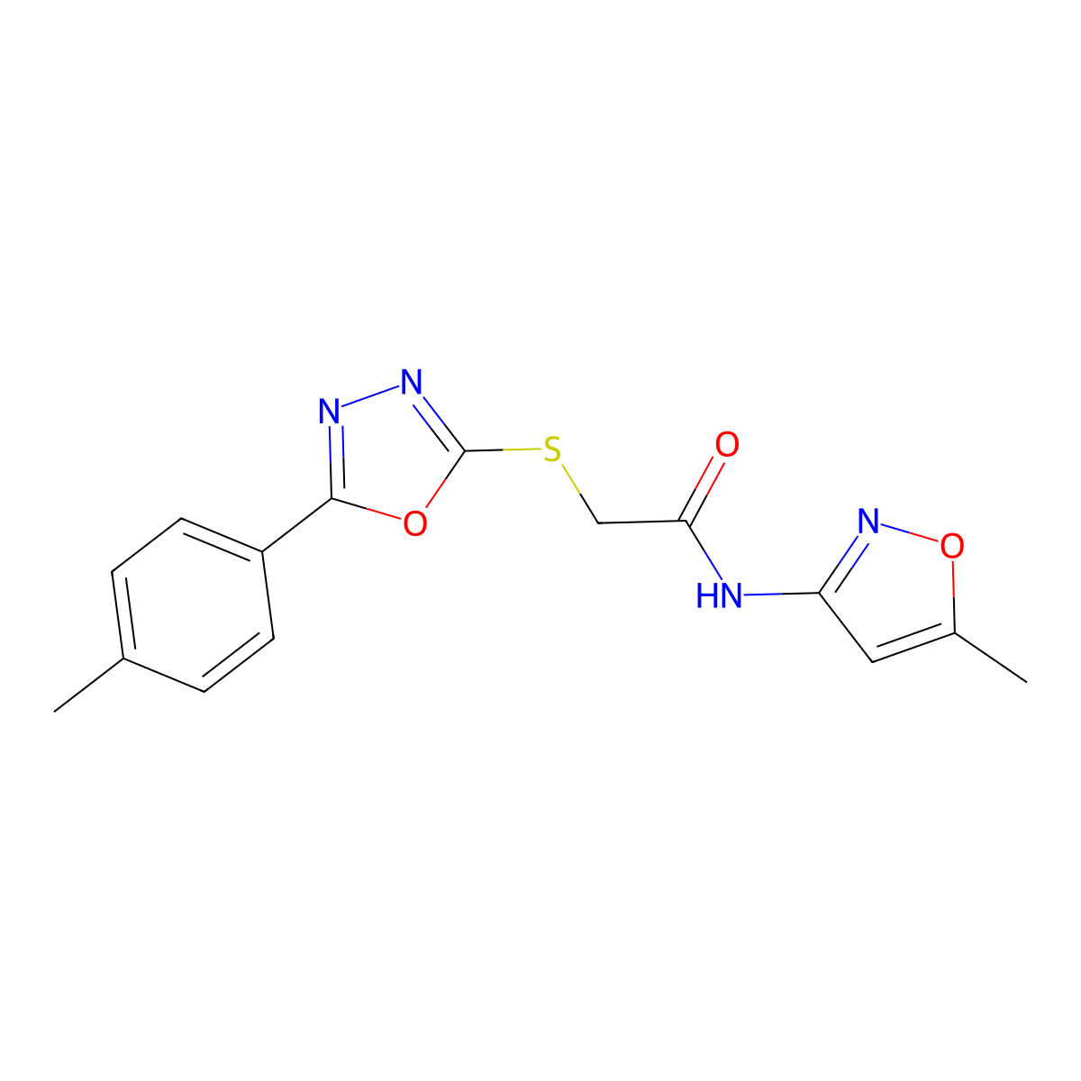 N-(5-methylisoxazol-3-yl)-2-((5-(p-tolyl)-1,3,4-oxadiazol-2-yl)thio)acetamide molecular structure, CAS 497927-12-5