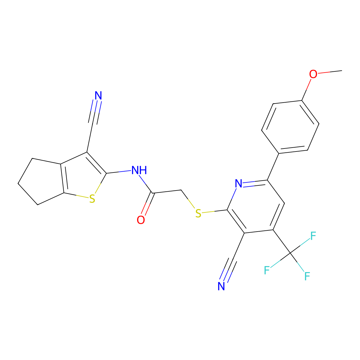 N-(3-cyano-5,6-dihydro-4H-cyclopenta[b]thiophen-2-yl)-2-[3-cyano-6-(4-methoxyphenyl)-4-(trifluoromethyl)pyridin-2-yl]sulfanylacetamide molecular structure, CAS 497940-13-3