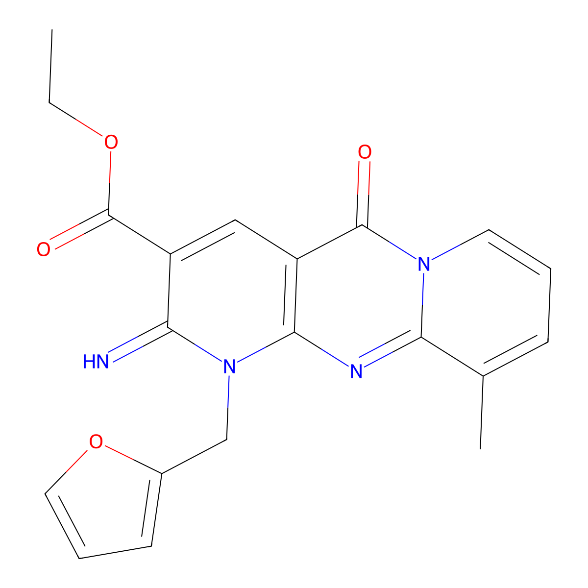 Ethyl 1-(2-furylmethyl)-2-imino-10-methyl-5-oxo-1,6-dihydropyridino[2,3-d]pyri dino[1,2-a]pyrimidine-3-carboxylate molecular structure, CAS 497941-10-3