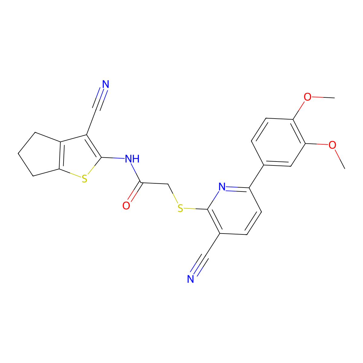 N-(3-cyano-5,6-dihydro-4H-cyclopenta[b]thiophen-2-yl)-2-[3-cyano-6-(3,4-dimethoxyphenyl)pyridin-2-yl]sulfanylacetamide molecular structure, CAS 497941-28-3