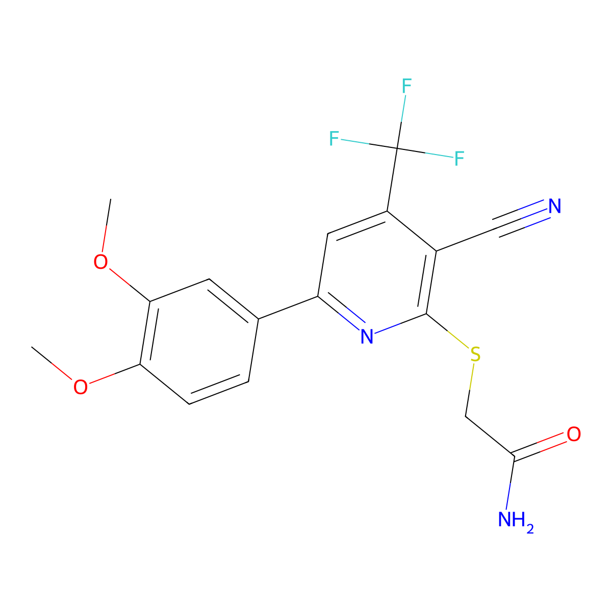 2-{[3-Cyano-6-(3,4-dimethoxyphenyl)-4-(trifluoromethyl)pyridin-2-yl]sulfanyl}acetamide molecular structure, CAS 497941-38-5