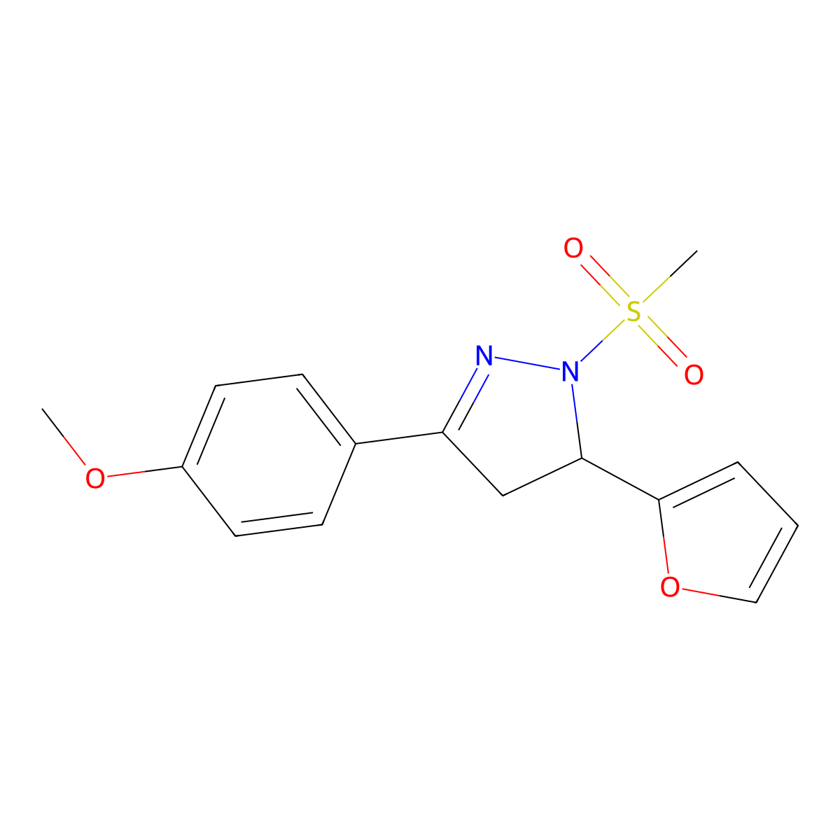 5-(furan-2-yl)-3-(4-methoxyphenyl)-1-(methylsulfonyl)-4,5-dihydro-1H-pyrazole molecular structure, CAS 497941-78-3