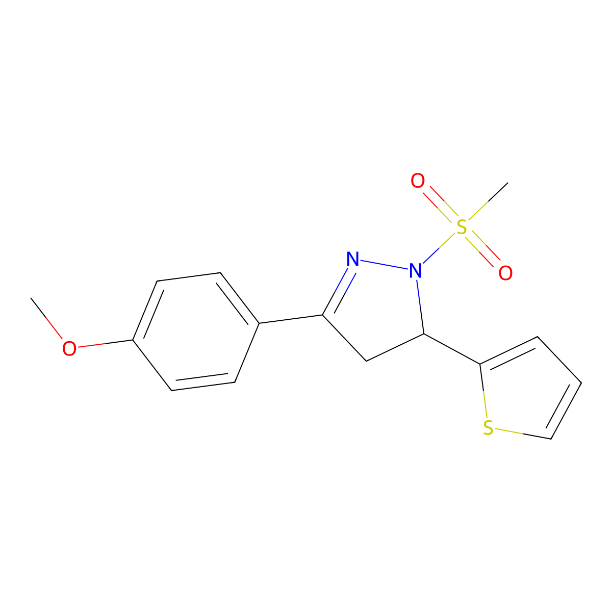 3-(4-methoxyphenyl)-1-(methylsulfonyl)-5-(thiophen-2-yl)-4,5-dihydro-1H-pyrazole molecular structure, CAS 497942-84-4
