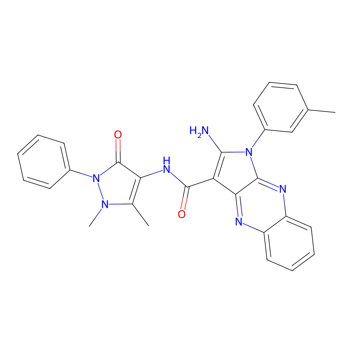 2-Amino-1-m-tolyl-1H-pyrrolo[2,3-b]quinoxaline-3-carboxylic acid (1,5-dimethyl-3-oxo-2-phenyl-2,3-dihydro-1H-pyrazol-4-yl)-amide molecular structure, CAS 497943-23-4