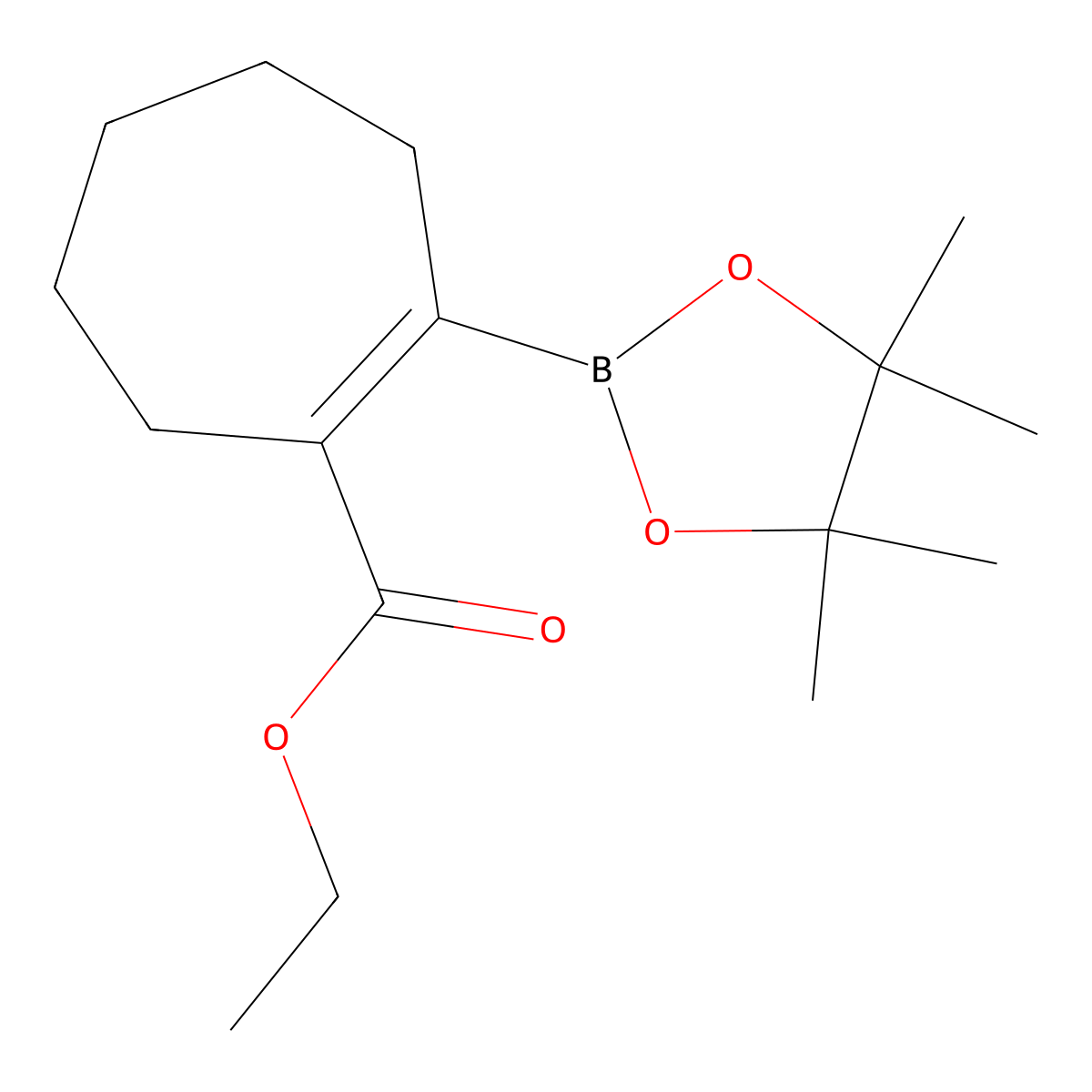 2-(4,4,5,5-Tetramethyl-1,3,2-dioxaborolane-2-yl)-1-cycloheptene-1-carboxylic acid ethyl ester molecular structure, CAS 497959-40-7