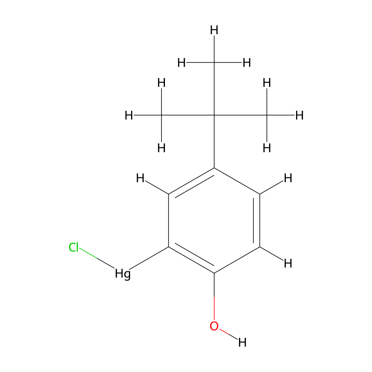Mercury, chloro(5-(1,1-dimethylethyl)-2-hydroxyphenyl)- molecular structure, CAS 498-73-7