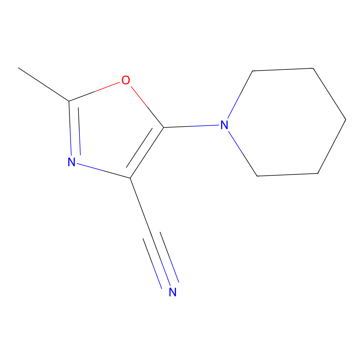 2-Methyl-5-(piperidin-1-yl)-1,3-oxazole-4-carbonitrile molecular structure, CAS 49837-50-5