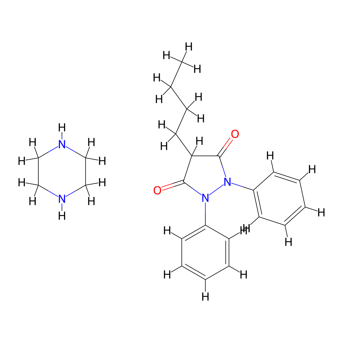 3,5-Pyrazolidinedione, 4-butyl-1,2-diphenyl-, compd. with piperazine (1:1) molecular structure, CAS 4985-25-5