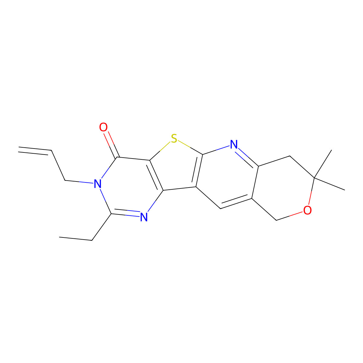 3-allyl-2-ethyl-8,8-dimethyl-7,10-dihydro-8H-pyrano[3'',4'':5',6']pyrido[3',2':4,5]thieno[3,2-d]pyrimidin-4(3H)-one molecular structure, CAS 498534-93-3