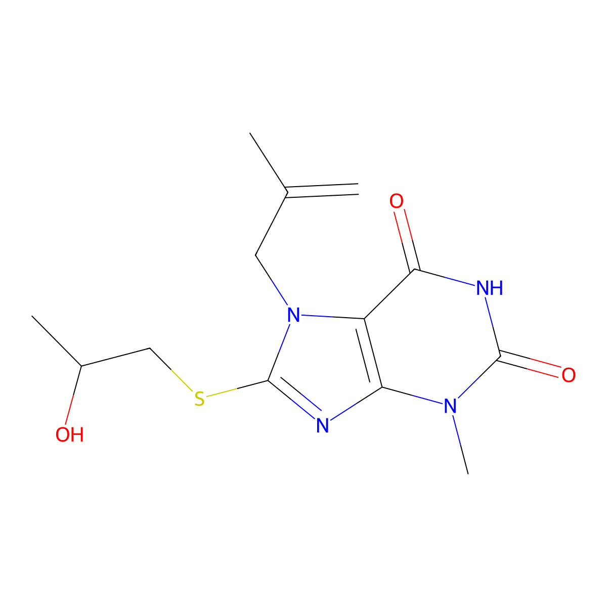 8-((2-hydroxypropyl)thio)-3-methyl-7-(2-methylallyl)-1H-purine-2,6(3H,7H)-dione molecular structure, CAS 498535-84-5