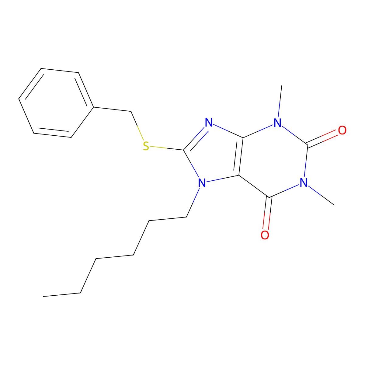 8-Benzylsulfanyl-7-hexyl-1,3-dimethylpurine-2,6-dione molecular structure, CAS 498536-09-7