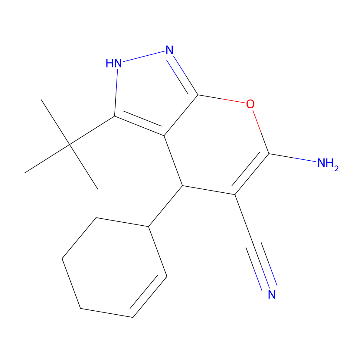 6-Amino-3-tert-butyl-4-cyclohex-2-en-1-yl-2,4-dihydropyrano[2,3-c]pyrazole-5-carbonitrile molecular structure, CAS 498536-14-4