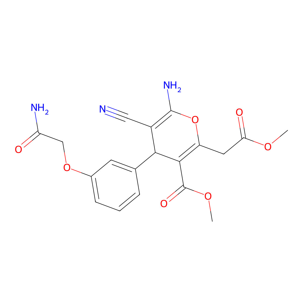 methyl 6-amino-4-[3-(2-amino-2-oxoethoxy)phenyl]-5-cyano-2-(2-methoxy-2-oxoethyl)-4H-pyran-3-carboxylate molecular structure, CAS 498536-39-3