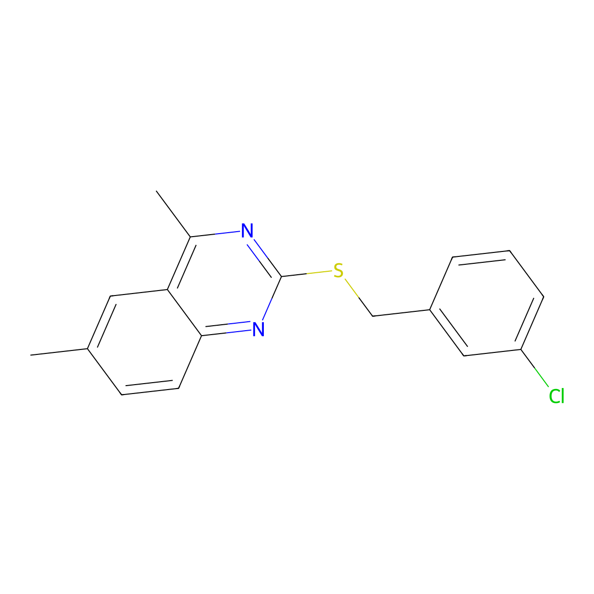 2-[(3-Chlorophenyl)methylsulfanyl]-4,6-dimethylquinazoline molecular structure, CAS 498536-90-6