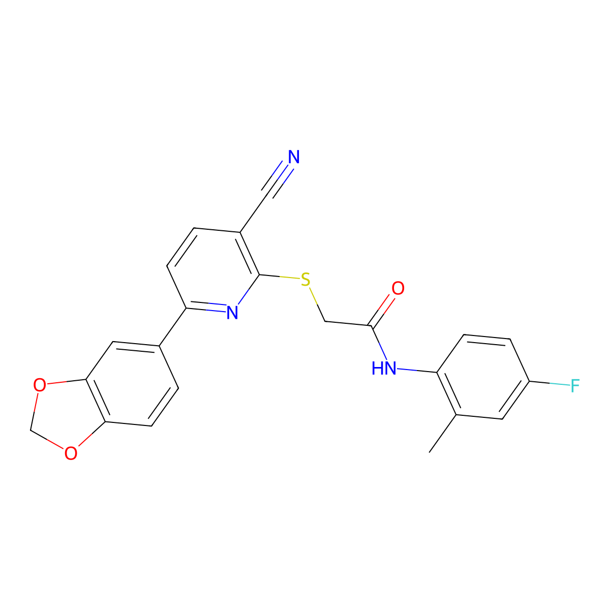 2-[6-(1,3-benzodioxol-5-yl)-3-cyanopyridin-2-yl]sulfanyl-N-(4-fluoro-2-methylphenyl)acetamide molecular structure, CAS 498536-91-7