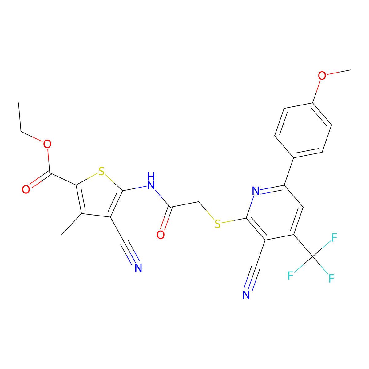 Ethyl 4-cyano-5-[({[3-cyano-6-(4-methoxyphenyl)-4-(trifluoromethyl)pyridin-2-yl]sulfanyl}acetyl)amino]-3-methylthiophene-2-carboxylate molecular structure, CAS 498537-21-6