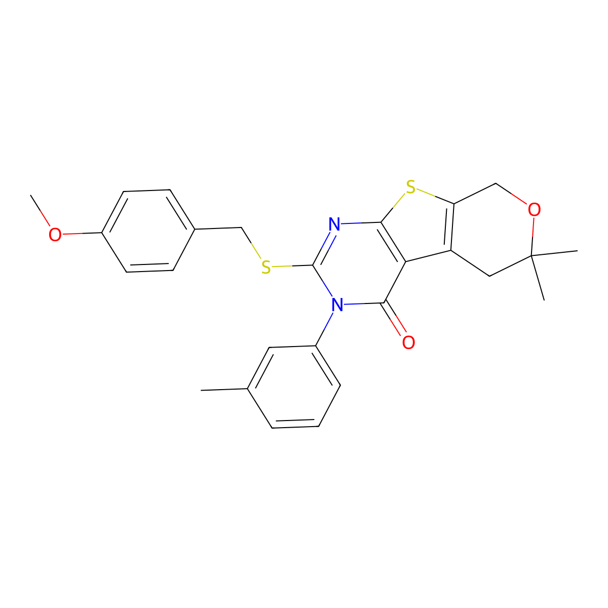 2-[(4-methoxybenzyl)sulfanyl]-6,6-dimethyl-3-(3-methylphenyl)-3,5,6,8-tetrahydro-4H-pyrano[4',3':4,5]thieno[2,3-d]pyrimidin-4-one molecular structure, CAS 498537-35-2