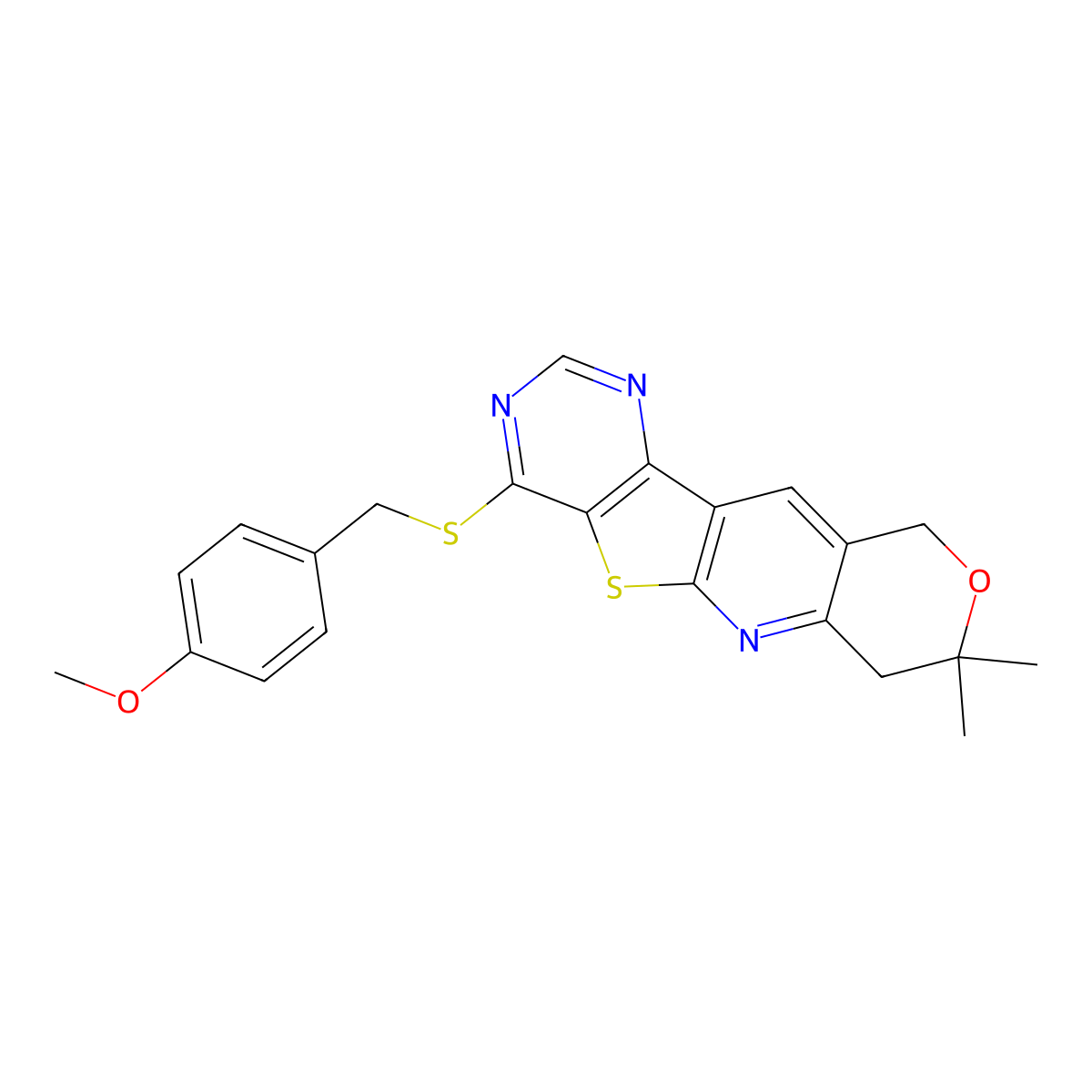 4-((4-methoxybenzyl)thio)-8,8-dimethyl-8,10-dihydro-7H-pyrano[3'',4'':5',6']pyrido[3',2':4,5]thieno[3,2-d]pyrimidine molecular structure, CAS 498537-85-2