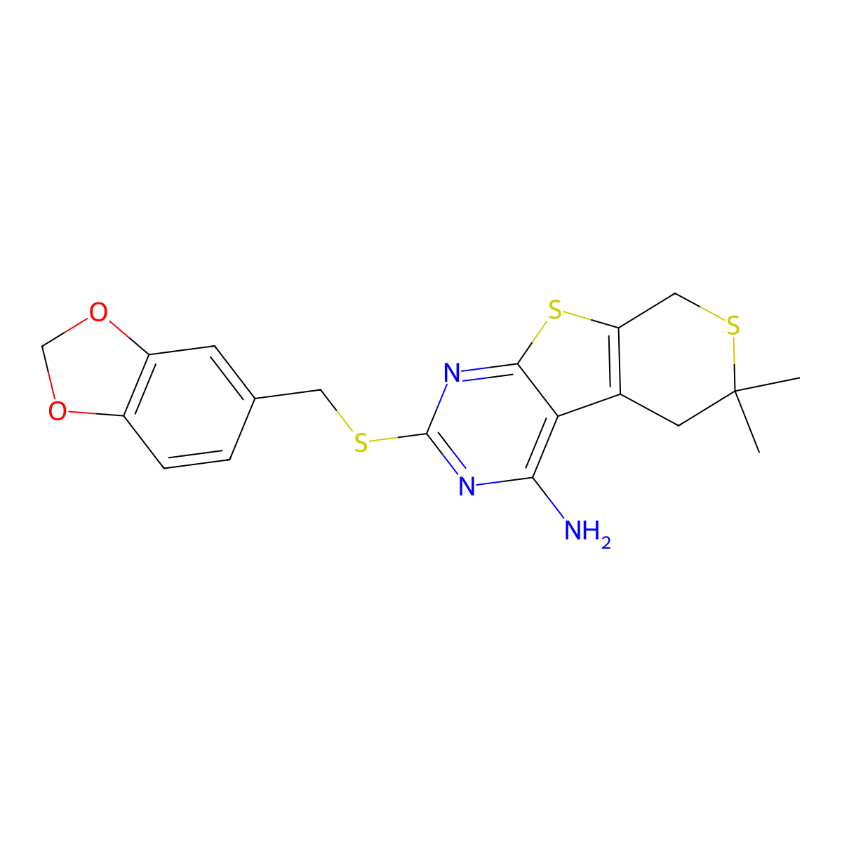 2-(1,3-Benzodioxol-5-ylmethylsulfanyl)-6,6-dimethyl-5,8-dihydrothiopyrano[4,5]thieno[1,2-c]pyrimidin-4-amine molecular structure, CAS 498537-88-5