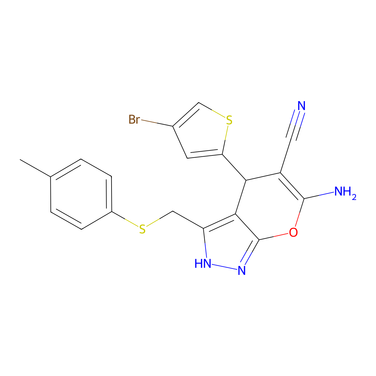 6-Amino-4-(4-bromothiophen-2-yl)-3-[(4-methylphenyl)sulfanylmethyl]-2,4-dihydropyrano[2,3-c]pyrazole-5-carbonitrile molecular structure, CAS 498537-91-0