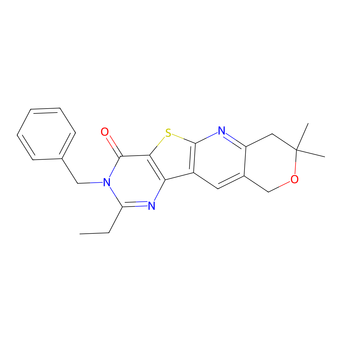3-benzyl-2-ethyl-8,8-dimethyl-7,10-dihydro-8H-pyrano[3'',4'':5',6']pyrido[3',2':4,5]thieno[3,2-d]pyrimidin-4(3H)-one molecular structure, CAS 498538-13-9
