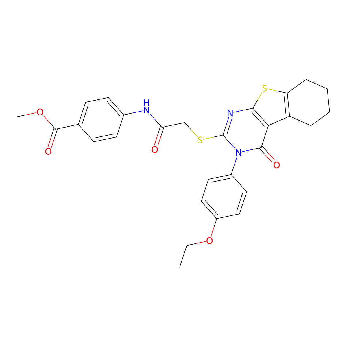 Methyl 4-[({[3-(4-ethoxyphenyl)-4-oxo-3,4,5,6,7,8-hexahydro[1]benzothieno[2,3-d]pyrimidin-2-yl]sulfanyl}acetyl)amino]benzoate molecular structure, CAS 498546-14-8