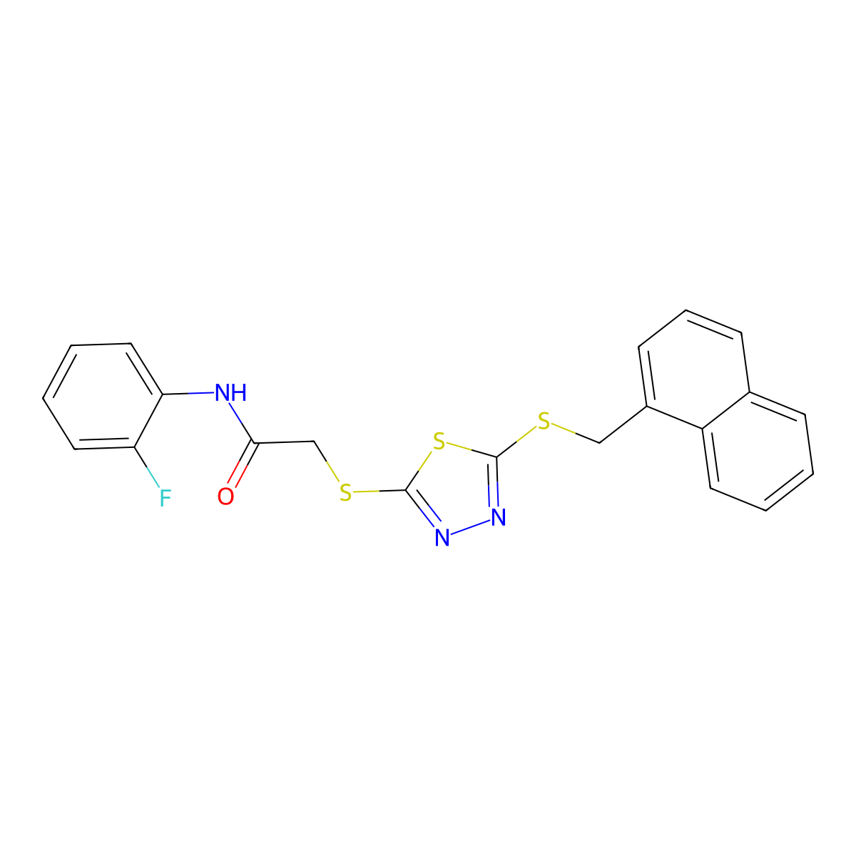 N-(2-fluorophenyl)-2-({5-[(naphthalen-1-ylmethyl)sulfanyl]-1,3,4-thiadiazol-2-yl}sulfanyl)acetamide molecular structure, CAS 498546-37-5