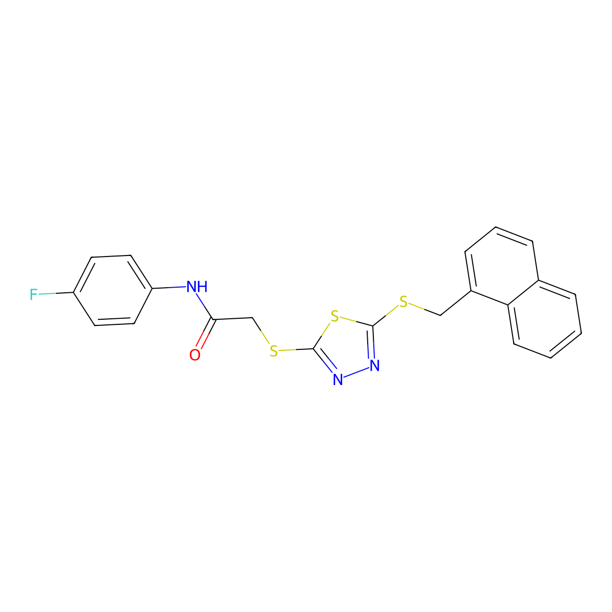 N-(4-fluorophenyl)-2-({5-[(naphthalen-1-ylmethyl)sulfanyl]-1,3,4-thiadiazol-2-yl}sulfanyl)acetamide molecular structure, CAS 498546-39-7