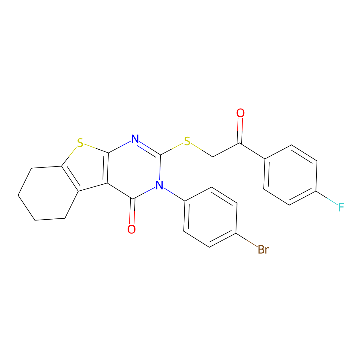 3-(4-bromophenyl)-2-{[2-(4-fluorophenyl)-2-oxoethyl]sulfanyl}-5,6,7,8-tetrahydro[1]benzothieno[2,3-d]pyrimidin-4(3H)-one molecular structure, CAS 498546-92-2