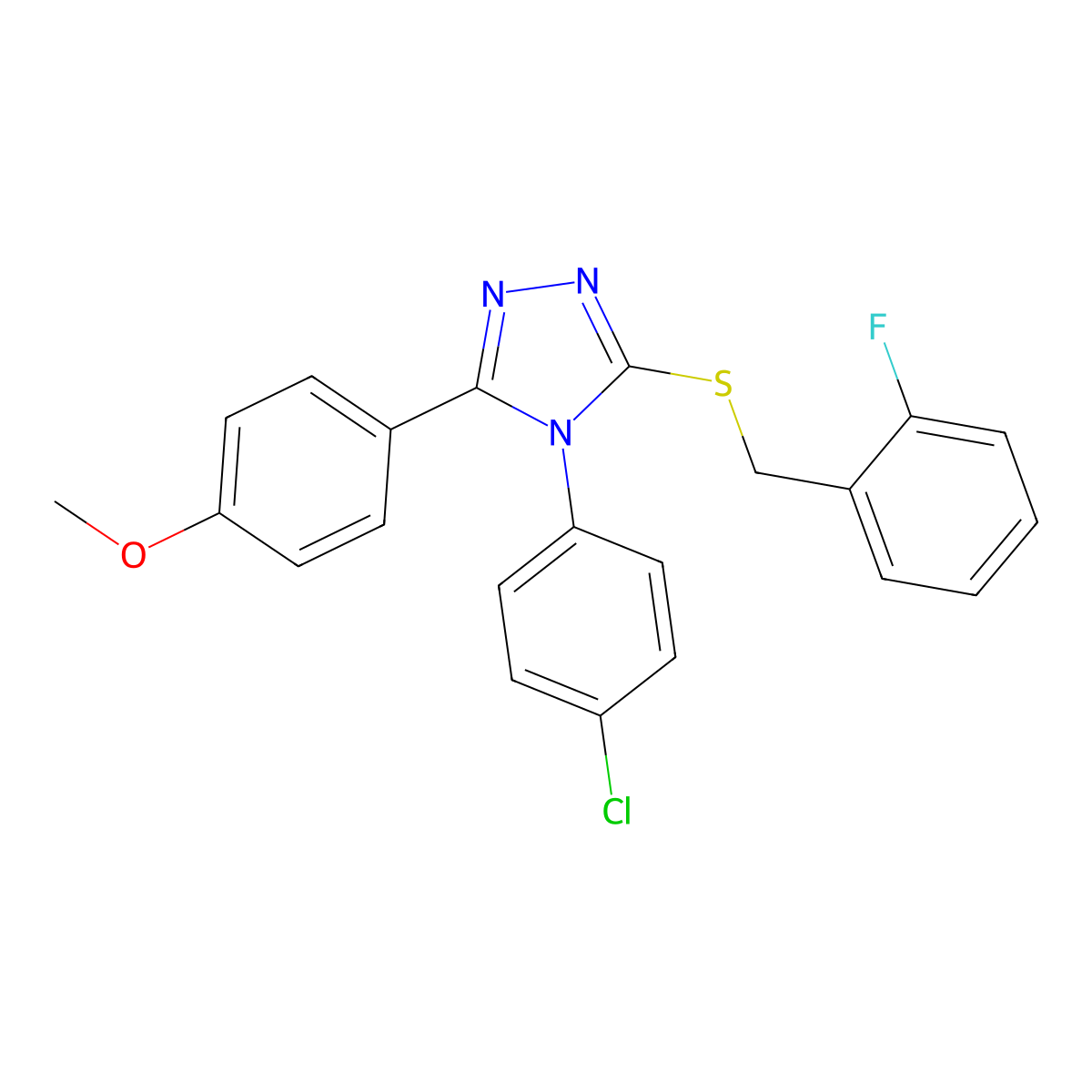 4-(4-chlorophenyl)-3-[(2-fluorobenzyl)sulfanyl]-5-(4-methoxyphenyl)-4H-1,2,4-triazole molecular structure, CAS 498547-02-7