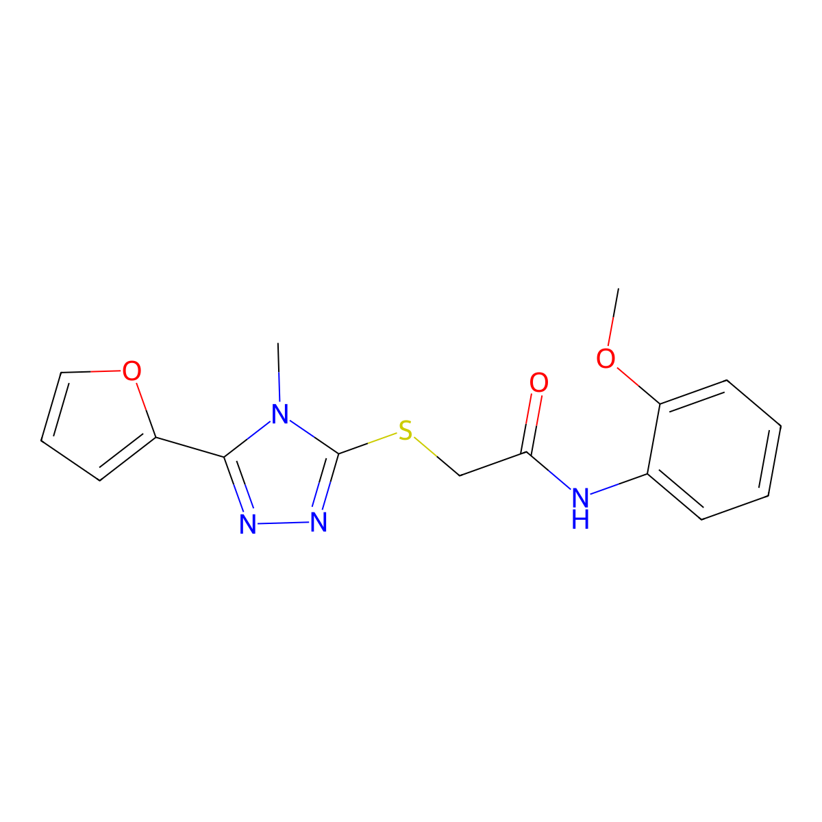 2-{[5-(furan-2-yl)-4-methyl-4H-1,2,4-triazol-3-yl]sulfanyl}-N-(2-methoxyphenyl)acetamide molecular structure, CAS 498550-74-6