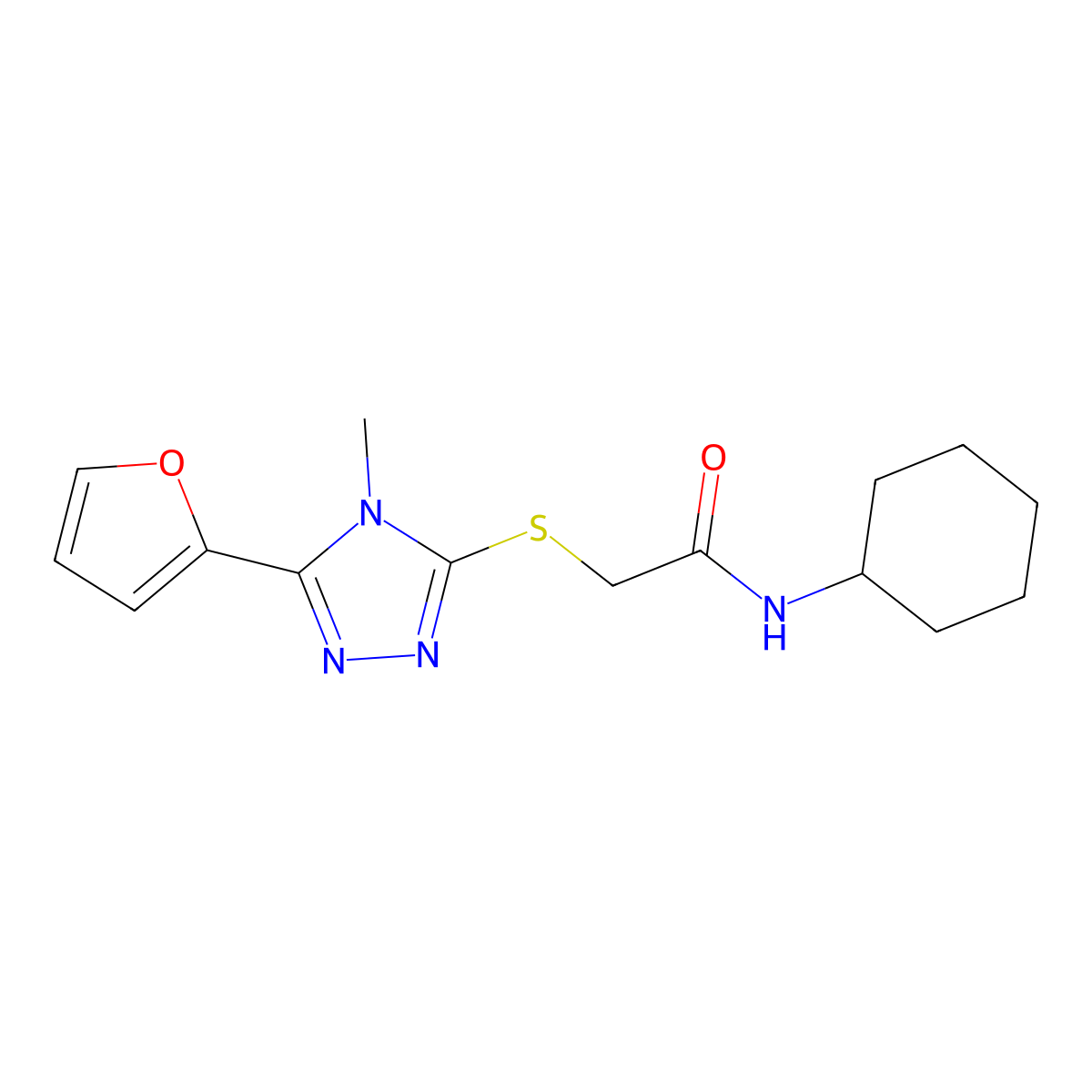 N-cyclohexyl-2-[[5-(furan-2-yl)-4-methyl-1,2,4-triazol-3-yl]sulfanyl]acetamide molecular structure, CAS 498550-82-6
