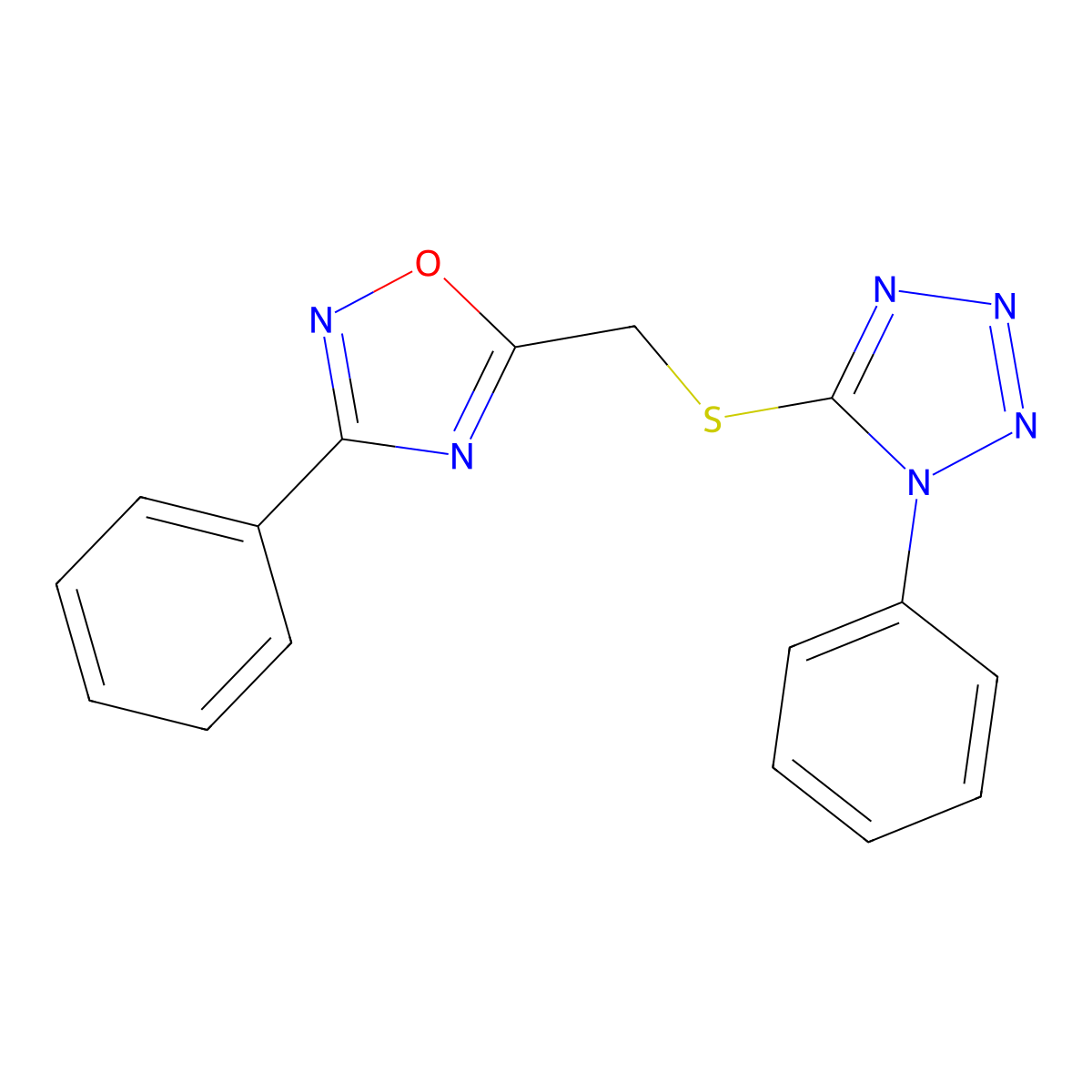 3-Phenyl-5-[(1-phenyltetrazol-5-yl)sulfanylmethyl]-1,2,4-oxadiazole molecular structure, CAS 498561-52-7