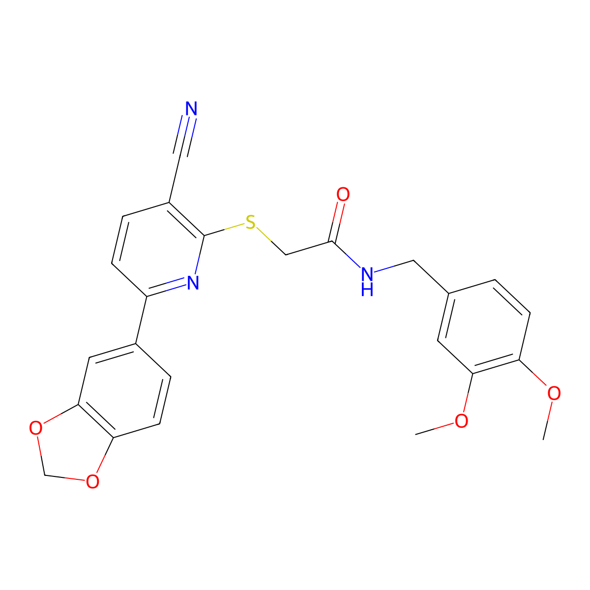 2-[6-(1,3-benzodioxol-5-yl)-3-cyanopyridin-2-yl]sulfanyl-N-[(3,4-dimethoxyphenyl)methyl]acetamide molecular structure, CAS 498568-27-7