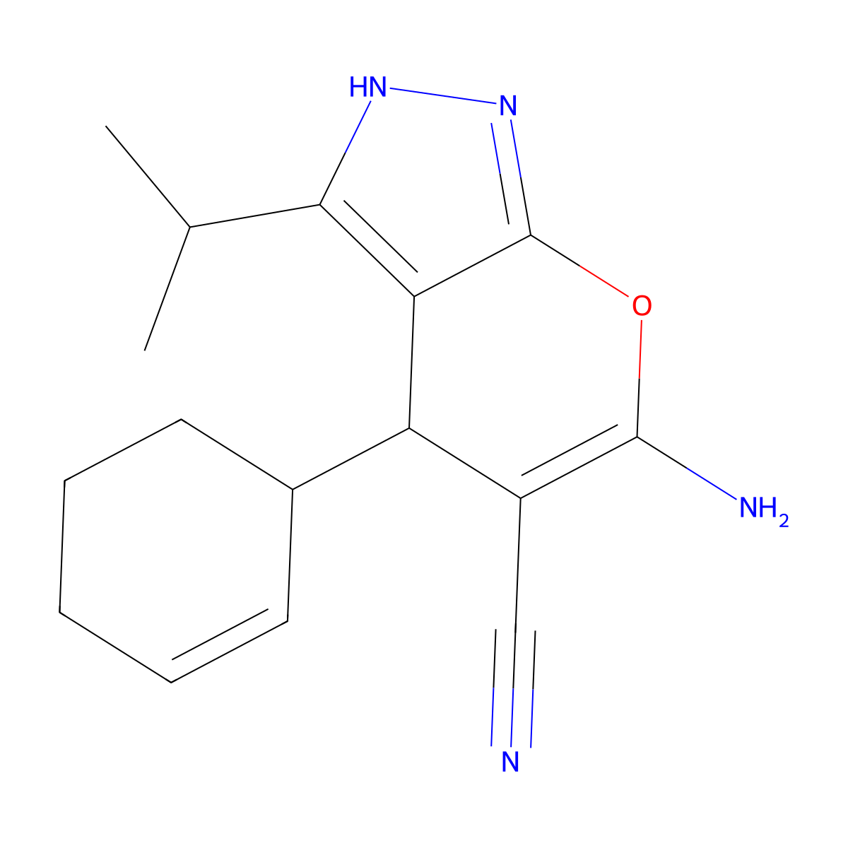 6-Amino-4-cyclohex-2-en-1-yl-3-propan-2-yl-2,4-dihydropyrano[2,3-c]pyrazole-5-carbonitrile molecular structure, CAS 498568-89-1