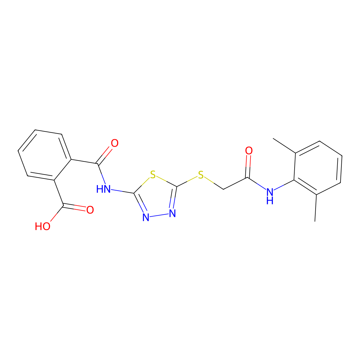 2-[[5-[2-(2,6-Dimethylanilino)-2-oxoethyl]sulfanyl-1,3,4-thiadiazol-2-yl]carbamoyl]benzoic acid molecular structure, CAS 498569-12-3